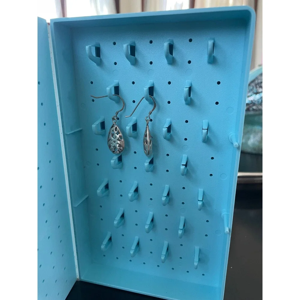 Vintage The Earring Book Jewelry Organizer Blue Plastic Storage Case Retro